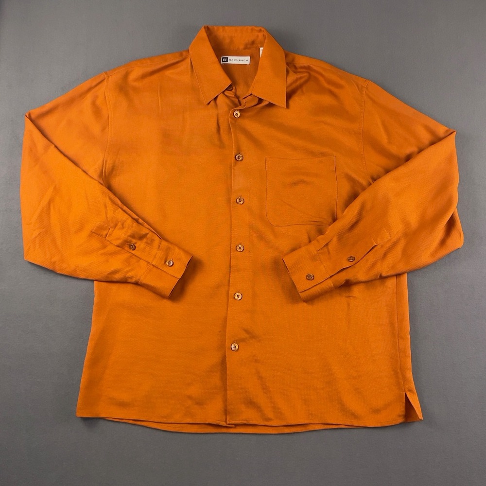 Bachrach Mens 100% Silk Long Sleeve Button Down Shirt Burnt Orange Textured Med